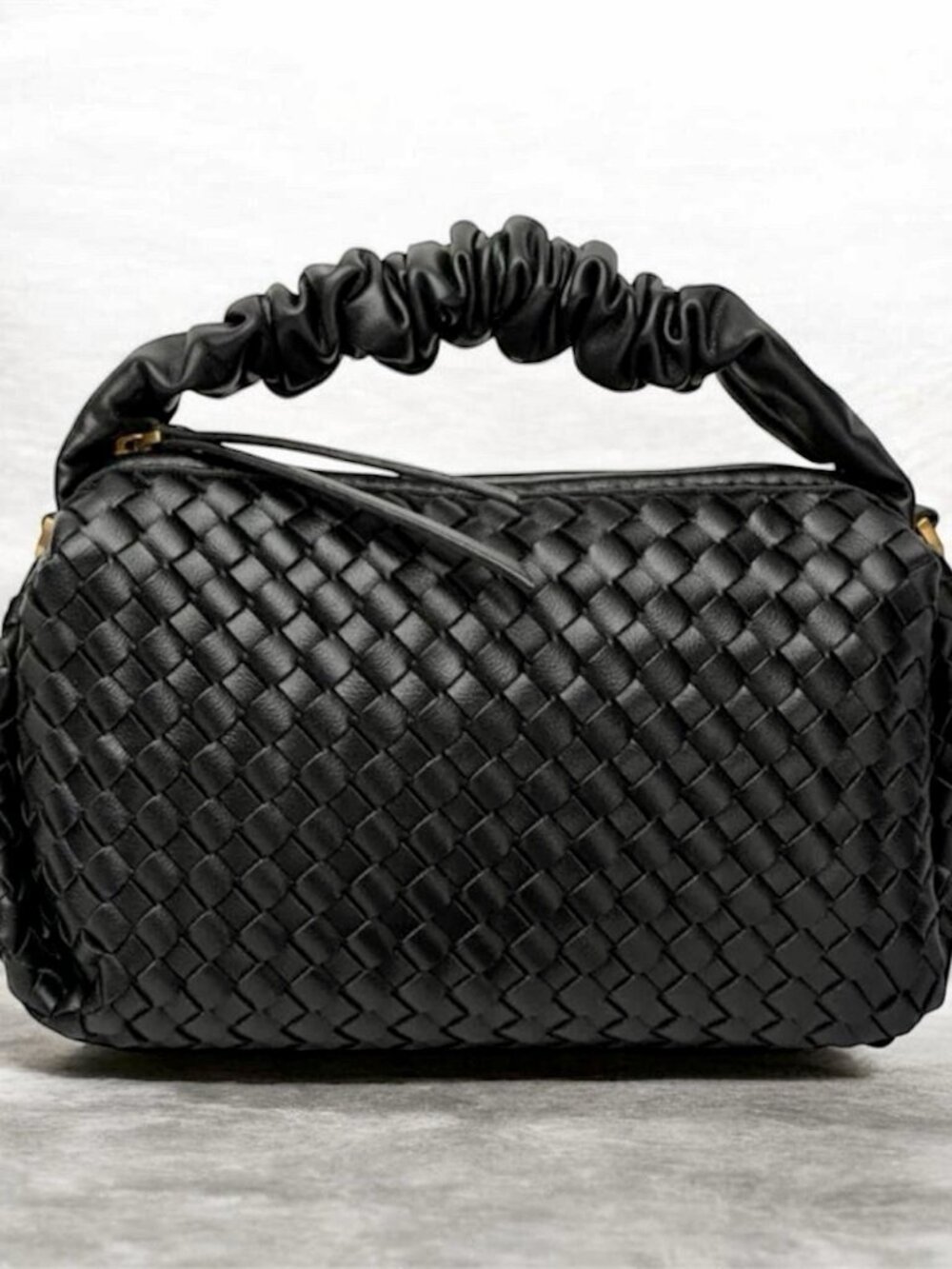 Black Woven Vegan Leather Ruched Handle Crossbody Handbag NWT